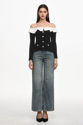 Mignon Vintage Contour Off Shoulder Long Sleeve Buttoned Ruffle Woven Top