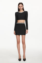 Lerae Chic Contour Long Sleeve Rhinestone Bandage Top and Skirt Set