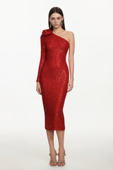 Helene Romantic Contour One Shoulder Long Sleeve Floral Sequin Maxi Dress