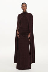Makala Elegant Contour Drape Cape Ruched Knit Maxi Dress