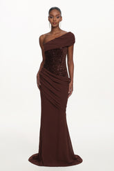 Naleza Chic Contour Off Shoulder Asymmetric Ruched Sequin Maxi Dress