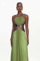 Melisa Chic Flowy Halter Pleated Cut Out Sequin Maxi Dress
