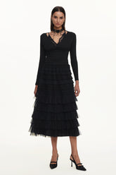 Tihila Romantic Contour V Neck Long Sleeve Buttoned Layered Lace Maxi Dress