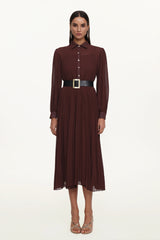 Evie Elegant Flowy Long Sleeve Pleated Woven Maxi Dress