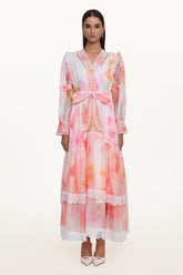Natalya Resort Flowy Long Sleeve Lace Abstract Print Ruffle Woven Orange Maxi Dress