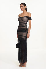 Emilee Elegant Contour Off Shoulder Ruched Mesh Maxi Dress