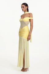 Lisa Elegant Contour Off Shoulder Ruched Sheer Knit Maxi Dress
