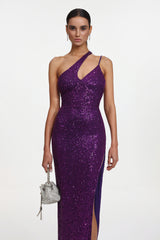 Julieta Glamorous Contour Sleeveless Asymmetric Sequin Maxi Dress