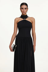 Vincy Chic Contour Halter Metal Ring High Slit Maxi Dress