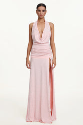 Hoshi Chic Contour Halter Deep V Ruched Crystal Maxi Dress