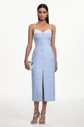 Yvan Classic Cinched Waist Sleeveless Buttoned Lace Tweed Maxi Dress