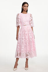Ogani Resort Flowy Round Neck Short Sleeve Lace Woven Top and Skirt Set