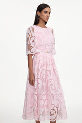 Ogani Resort Flowy Round Neck Short Sleeve Lace Woven Top and Skirt Set