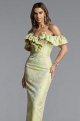 Rafaela Romantic Tailored Off Shoulder Ruffle Floral Print Maxi Dress
