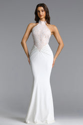 Fahrenheit Elegant Contour Halter Ruched Lace Maxi Dress