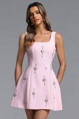Falisa Classic Tailored Square Neck Rhinestone Woven Mini Dress