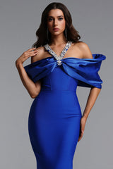 Sloan Halter Diamond Off Shoulder Bandage Blue Maxi Dress