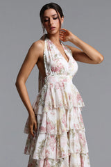Silas Romantic Flowy Halter Deep V Tiered Ruffle Floral Print Maxi Dress