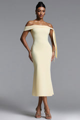 Euran Elegant Contour Off Shoulder Tie Side Slit Maxi Dress