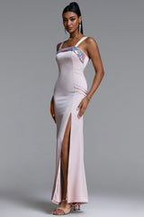 Mattey Classic Tailored Square Neck High Slit Woven Maxi Dress