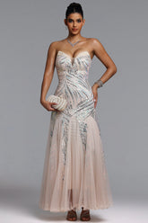 Sally Glamorous Contour Strapless Sequin Beige Maxi Dress
