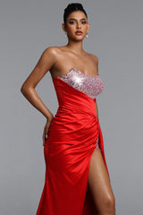 Lase Glamorous Contour Strapless Pleated Satin Maxi Dress