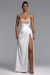 Kapol Elegant Tailored Strapless Pleated Crystal Maxi Dress