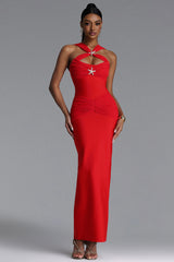 Egbert Chic Contour Halter Star Ruched Mesh Bandage Maxi Dress
