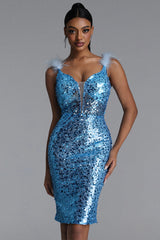 Minon Chic Contour Deep V Feather Sequin Midi Dress