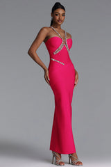 Mota Romantic Contour Halter V Neck Rhinestone Bandage Maxi Dress