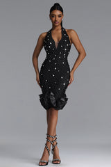 Dolo Chic Contour Halter Deep V Beaded Rhinestone Floral Bandage Midi Dress