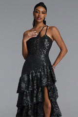 Shaney Elegant Contour One Shoulder Tiered Ruffle Lace Maxi Dress
