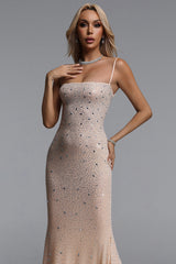 Emta Chic Contour Crystal Mesh Beige Maxi Dress