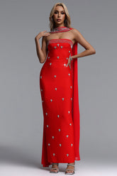 Marina Glamorous Contour Strapless Rhinestone Red Bandage Maxi Dress