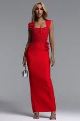 Oria Glamorous Contour Square Neck Pearl Floral Bandage Maxi Dres
