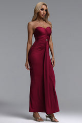 Verde Chic Contour Strapless Ruched Knit Red Maxi Dress