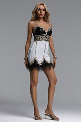 Deme Glamorous Contour Fringe Contrast Sequin Mini Dress
