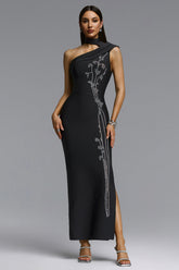 Faux Elegant Contour One Shoulder Crystal Bandage Maxi Dress