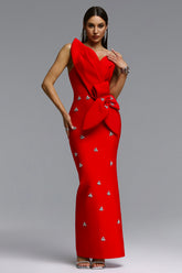 Ohney Chic Contour Strapless Asymmetric Rhinestone Red Maxi Dress