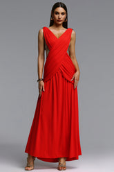 Kaia Chic Contour V Neck Metal Chain Pleated Maxi Dress