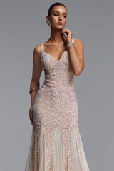 Vivian Romantic Contour V Neck Sequin Beige Maxi Dress