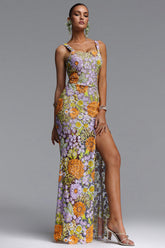Larina Romantic Embellished Sequin Floral High Slit Maxi Dress