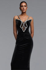 Tiana Glamorous Contour Halter Cut Out Rhinestone Velvet Maxi Dress