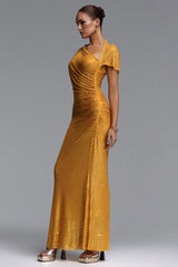 Pora Chic Contour Asymmetric Ruched Crystal Knit Yellow Maxi Dress