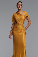 Pora Chic Contour Asymmetric Ruched Crystal Knit Yellow Maxi Dress