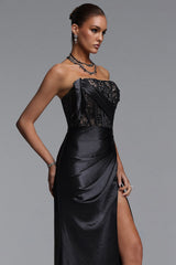 Falae Elegant Tailored Strapless Pleated Satin Maxi Dress
