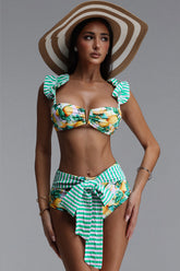 Ekala Resort Sleeveless Stripe Floral Print Swimsuit Two Piece Set