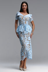 Quinn Elegant Cinched Short Sleeve Floral Lace Blue Maxi Dress