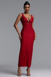 Molao Elegant Contour Sleeveless Deep V Bow Embellished Midi Bandage Dress