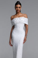 Isme Elegant Contour Off Shoulder Pearl Rhinestone Bandage White Maxi Dress